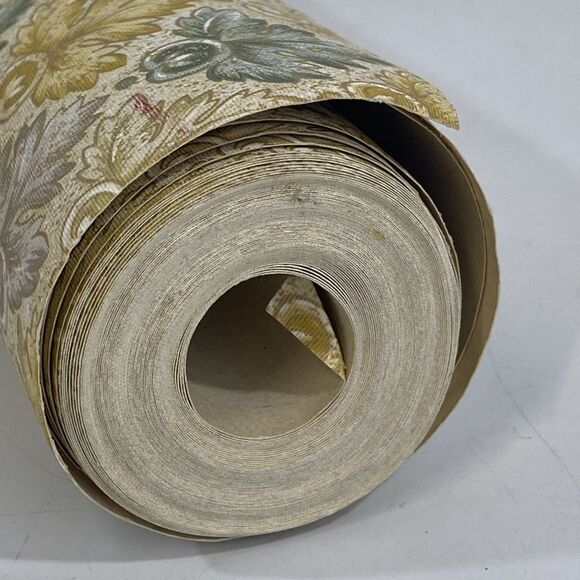 Old Vintage Wallpaper Textured Metallic 1970s Regency Green Gold Silver Damask - Picture 8 of 8